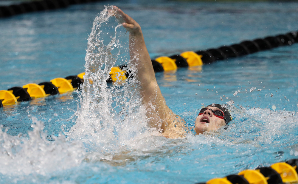 Iowa's Anze Fers Erzen competes in the 400-yard individual medley during a meet against Michigan and Denver at the Campus Recreation and Wellness Center on November 3, 2018. (Tork Mason/hawkeyesports.com)