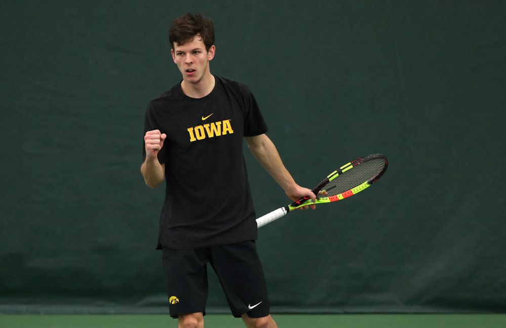 Iowa's Piotr Smietana against UMKC Friday, February 15, 2019 at the Hawkeye Tennis and Recreation Complex. (Brian Ray/hawkeyesports.com)