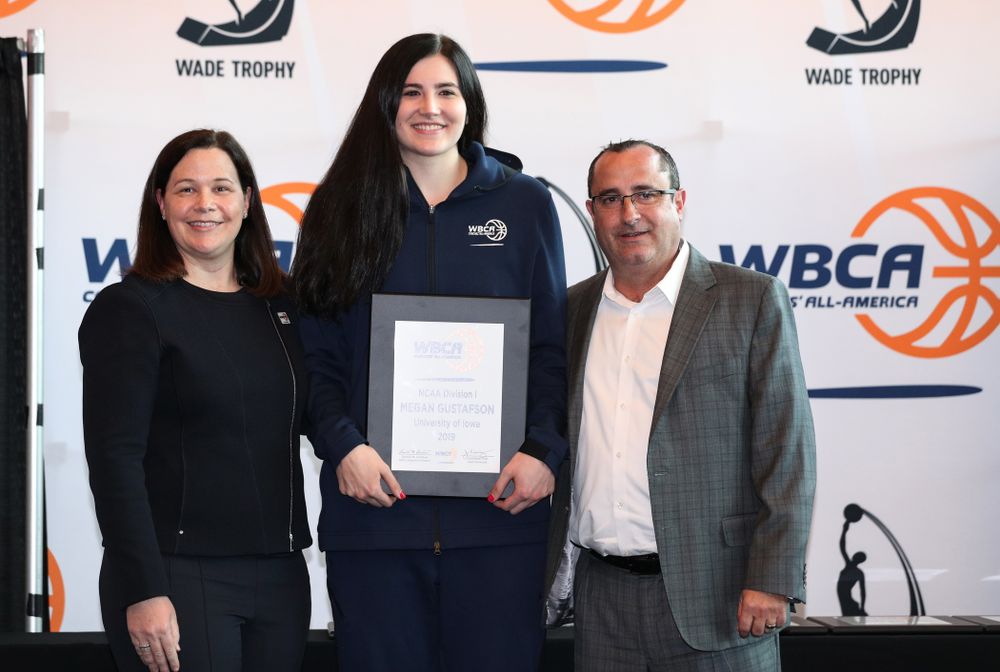 Iowa Hawkeyes forward Megan Gustafson (10) is announced as a WBCA All American Wednesday, April 4, 2018 at Amalie Arena in Tampa, FL. (Brian Ray/hawkeyesports.com)