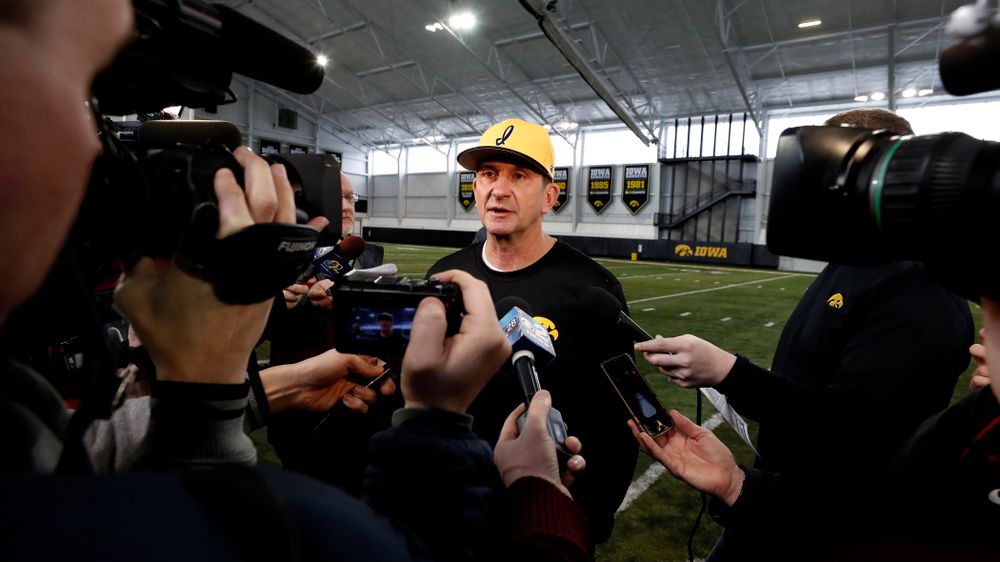 Iowa Hawkeyes head coach Rick Heller answers questions from reporters during the team's annual media day Thursday, February 8, 2018 in the indoor practice facility. (Brian Ray/hawkeyesports.com)