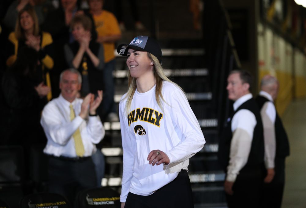 Iowa Hawkeyes forward Hannah Stewart (21) during a celebration of their Big Ten Women's Basketball Tournament championship Monday, March 18, 2019 at Carver-Hawkeye Arena. (Brian Ray/hawkeyesports.com)