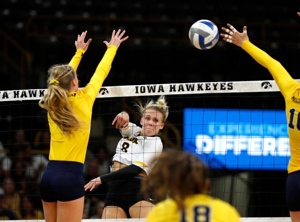 Iowa Hawkeyes right side hitter Reghan Coyle (8) against the Michigan Wolverines Sunday, September 23, 2018 at Carver-Hawkeye Arena. (Brian Ray/hawkeyesports.com)