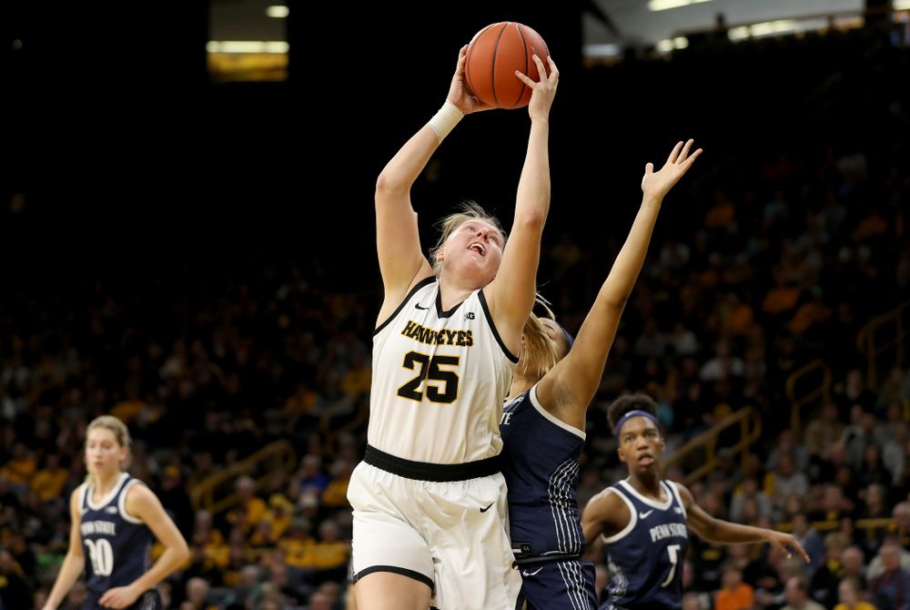 Iowa Hawkeyes forward/center Monika Czinano (25) against Penn State Saturday, February 22, 2020 at Carver-Hawkeye Arena. (Brian Ray/hawkeyesports.com)