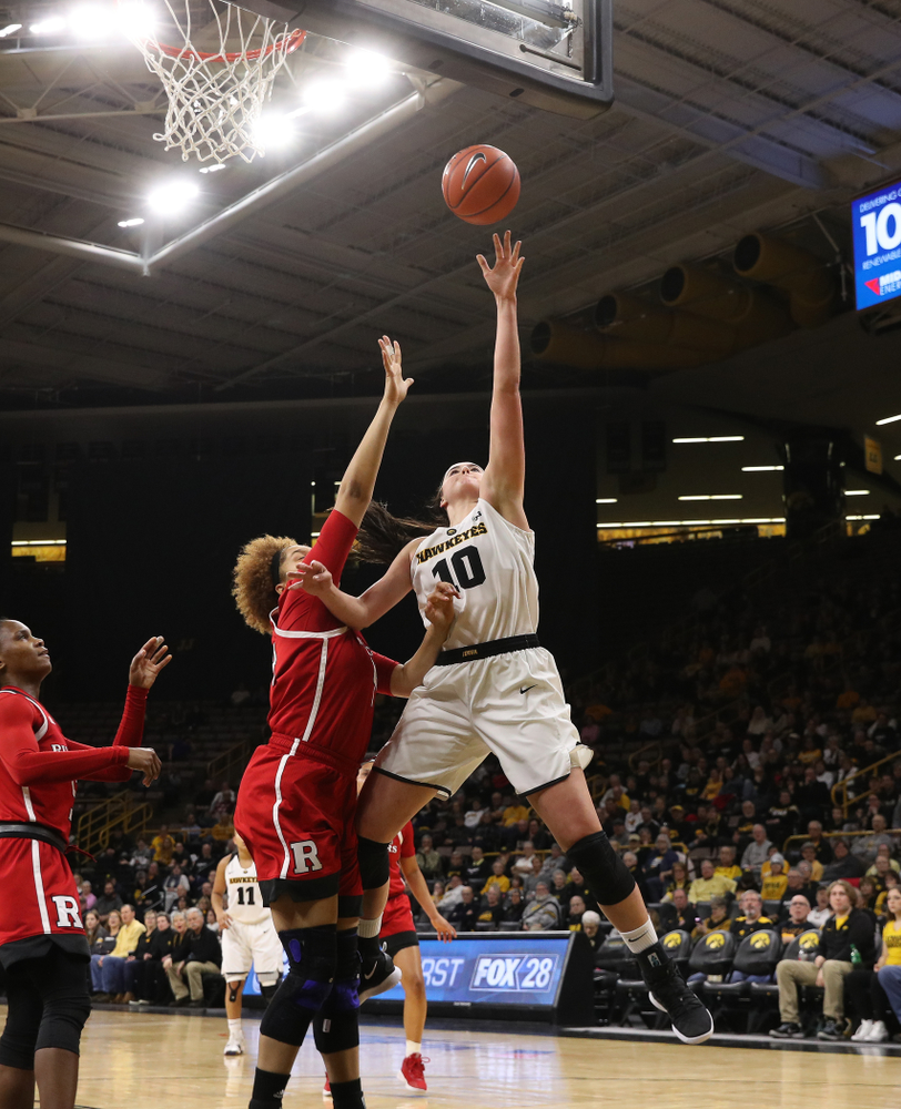 Iowa Hawkeyes forward Megan Gustafson (10) against the Rutgers Scarlet Knights Wednesday, January 23, 2019 at Carver-Hawkeye Arena. (Brian Ray/hawkeyesports.com)