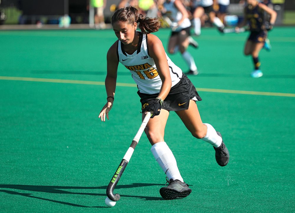 Iowa’s Isabella Solaroli (16) moves with the ball during the fourth quarter of their game at Grant Field in Iowa City on Friday, Sep 13, 2019. (Stephen Mally/hawkeyesports.com)