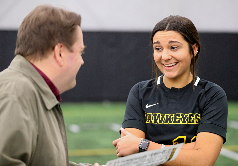 Iowa infielder Nicole Yoder (10) answers questions during Iowa Softball Media Day at the Hawkeye Tennis and Recreation Complex in Iowa City on Thursday, January 30, 2020. (Stephen Mally/hawkeyesports.com)