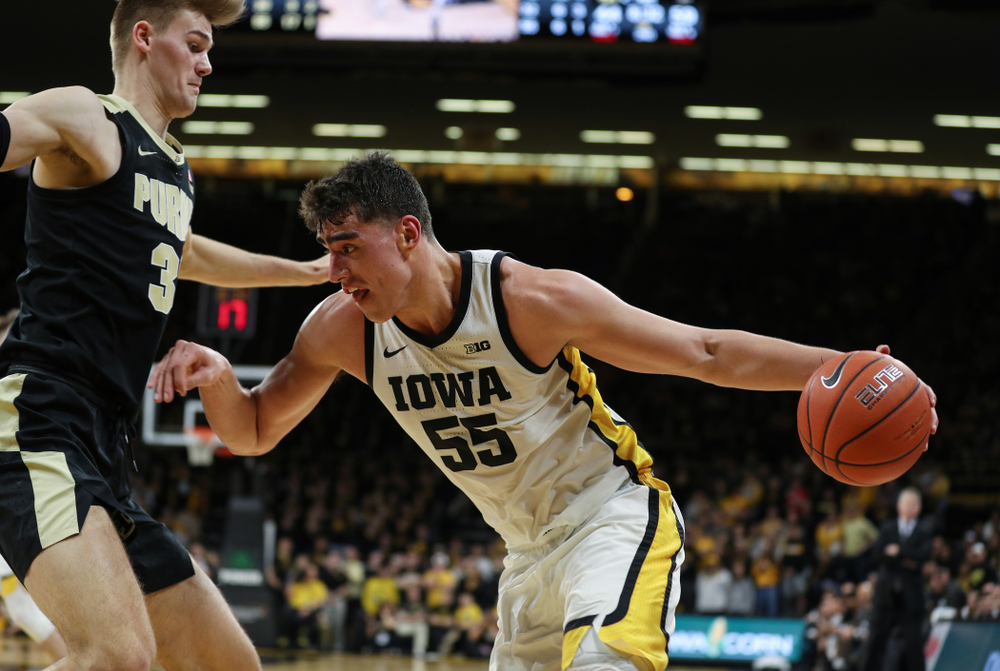 Iowa Hawkeyes forward Luka Garza (55) against the Purdue Boilermakers Tuesday, March 3, 2020 at Carver-Hawkeye Arena. (Brian Ray/hawkeyesports.com)