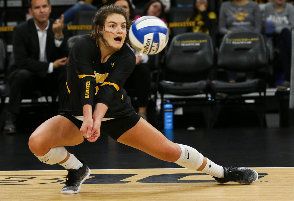 Iowa Hawkeyes defensive specialist Molly Kelly (1) digs the ball during a game against Purdue at Carver-Hawkeye Arena on October 13, 2018. (Tork Mason/hawkeyesports.com)