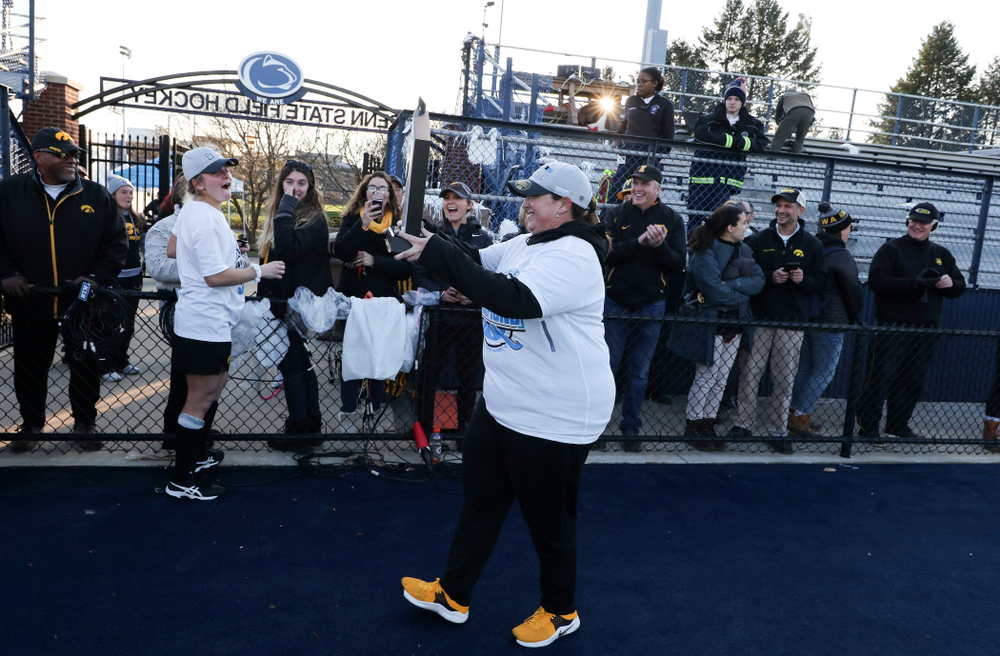 The Iowa Hawkeyes celebrate their victory over Penn State in the 2019 Big Ten Field Hockey Tournament Championship Game Sunday, November 10, 2019 in State College. (Brian Ray/hawkeyesports.com)