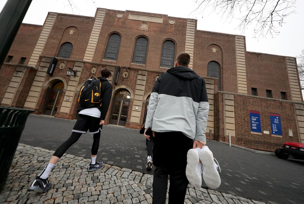 Iowa Hawkeyes forward Patrick McCaffery (22), and guard Connor McCaffery (30) arrive for practice at the Palestra Friday, January 3, 2020 in Philadelphia. (Brian Ray/hawkeyesports.com)