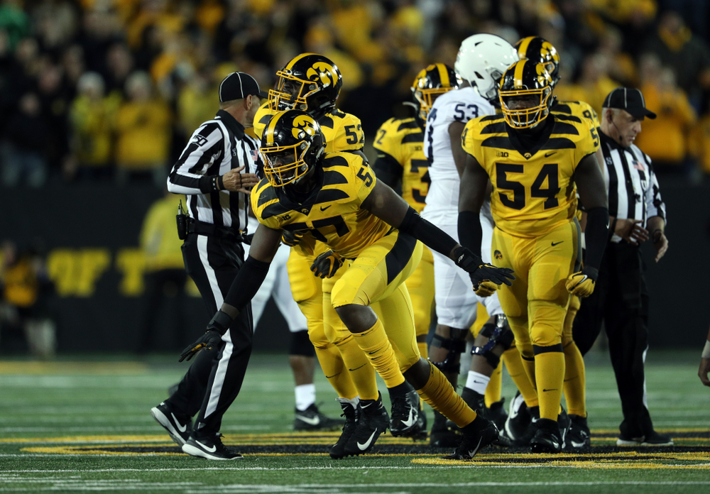 Iowa Hawkeyes defensive end Chauncey Golston (57) against the Penn State Nittany Lions Saturday, October 12, 2019 at Kinnick Stadium. (Brian Ray/hawkeyesports.com)