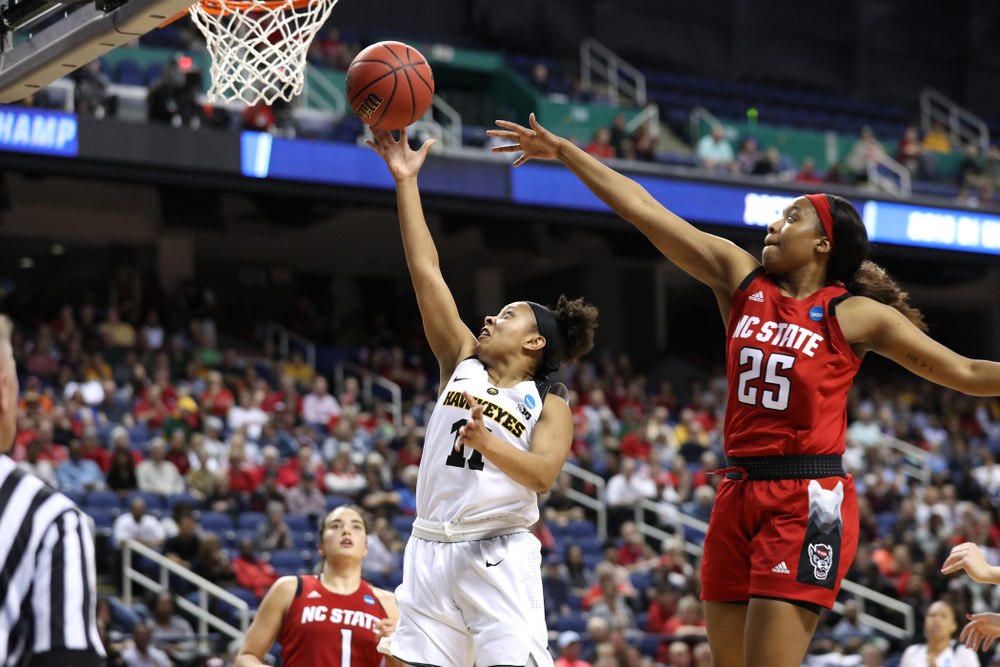 Iowa Hawkeyes guard Tania Davis (11) against the NC State Wolfpack in the regional semi-final of the 2019 NCAA Women's College Basketball Tournament Saturday, March 30, 2019 at Greensboro Coliseum in Greensboro, NC.(Brian Ray/hawkeyesports.com)