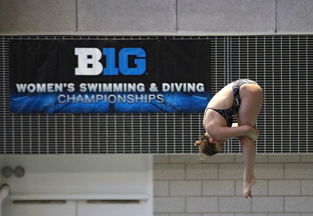 Iowa’s Claire Park competes in the women’s 3 meter diving preliminary event during the 2020 Women’s Big Ten Swimming and Diving Championships at the Campus Recreation and Wellness Center in Iowa City on Friday, February 21, 2020. (Stephen Mally/hawkeyesports.com)