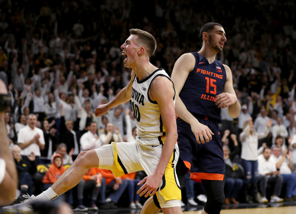 Iowa Hawkeyes guard Joe Wieskamp (10) reacts after dunking the ball against the Illinois Fighting Illini Sunday, February 2, 2020 at Carver-Hawkeye Arena. (Brian Ray/hawkeyesports.com)