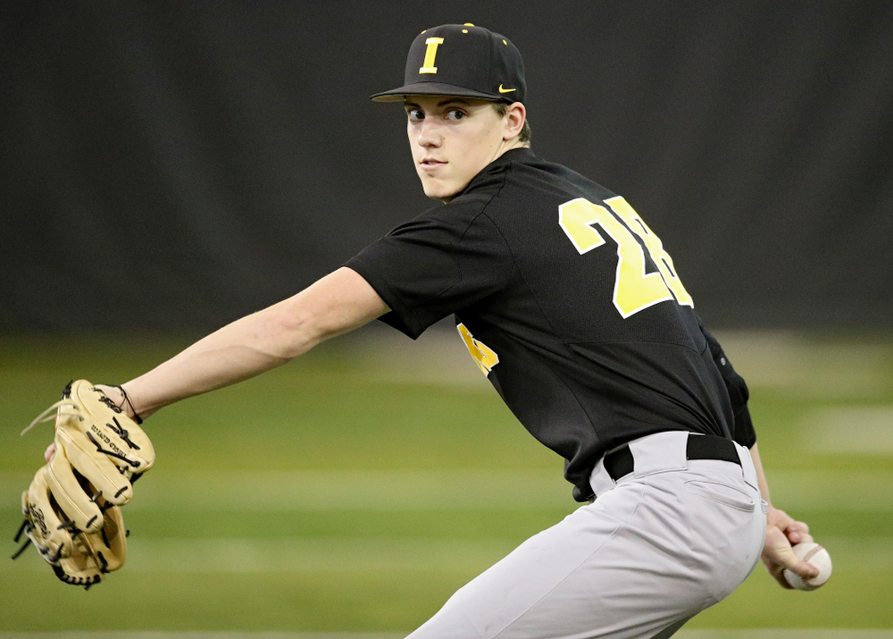 Iowa Hawkeyes pitcher Sam Goodman (28) throws during practice at the Hansen Football Performance Center in Iowa City on Friday, January 24, 2020. (Stephen Mally/hawkeyesports.com)