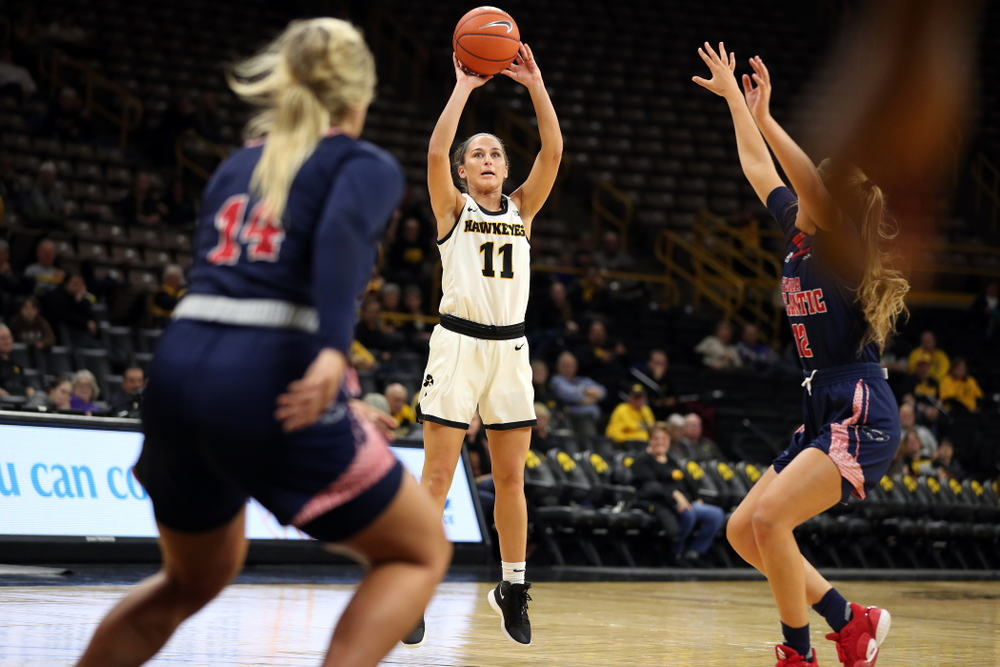 Iowa Hawkeyes guard Megan Meyer (11) knocks down a three point basket against Florida Atlantic University Thursday, November 7, 2019 at Carver-Hawkeye Arena. (Brian Ray/hawkeyesports.com)