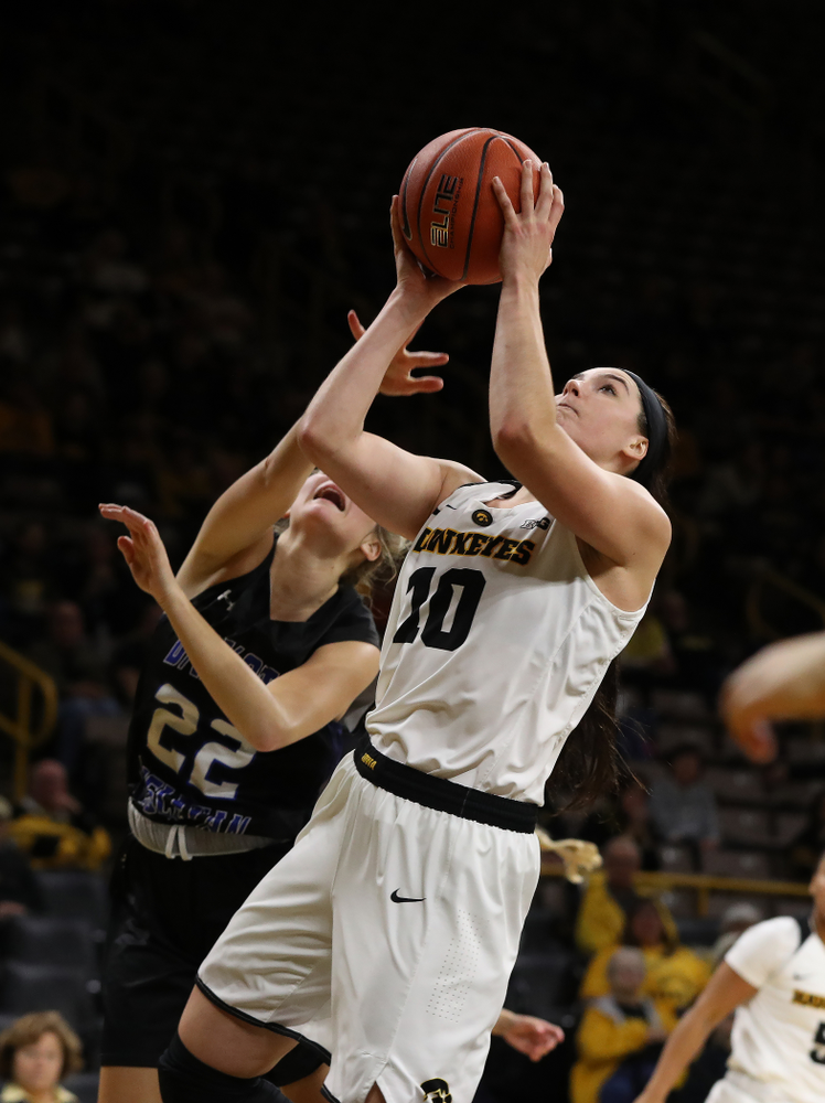 Iowa Hawkeyes forward Megan Gustafson (10) against Dakota Wesleyan University Tuesday, November 6, 2018 at Carver-Hawkeye Arena. (Brian Ray/hawkeyesports.com)
