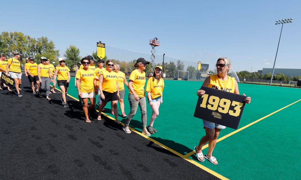 Former stand out Iowa Field Hockey teams are introduced as part of an alumni reunion during halftime of the Iowa Hawkeyes game against Indiana Sunday, September 16, 2018 at Grant Field. (Brian Ray/hawkeyesports.com)
