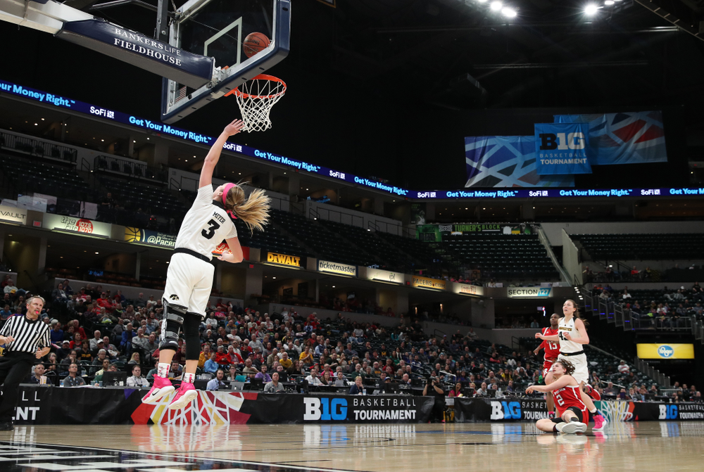 Iowa Hawkeyes guard Makenzie Meyer (3) against the Rutgers Scarlet Knights in the semi-finals of the Big Ten Tournament Saturday, March 9, 2019 at Bankers Life Fieldhouse in Indianapolis, Ind. (Brian Ray/hawkeyesports.com)