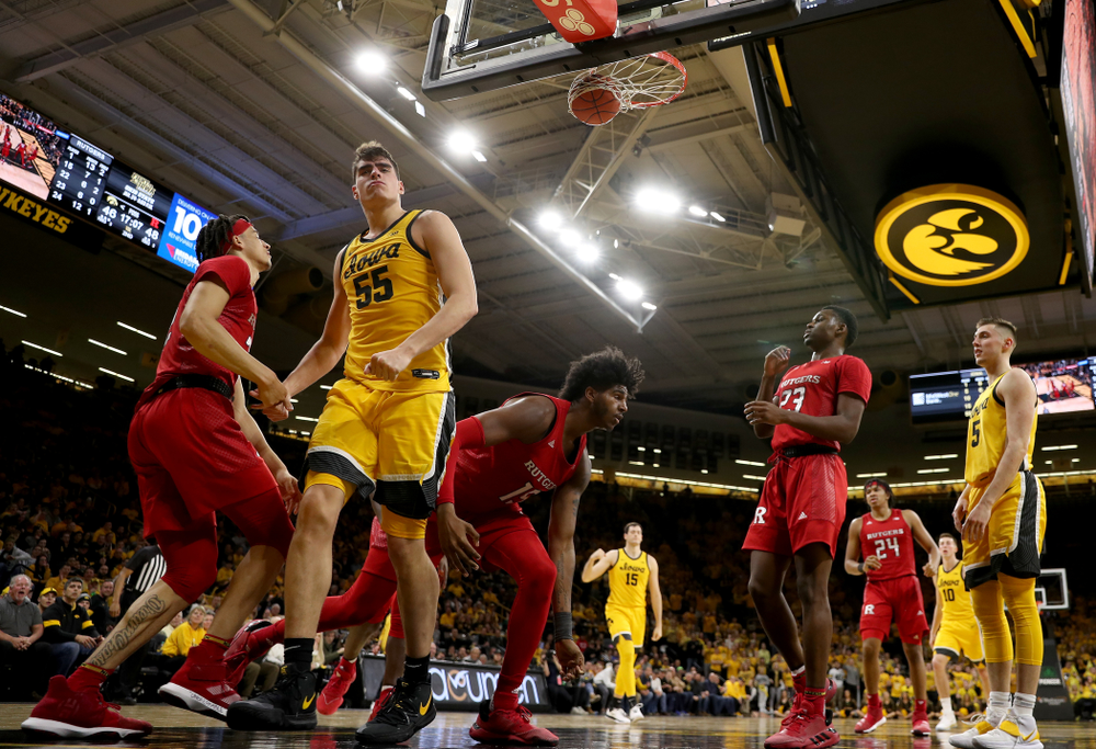 Iowa Hawkeyes forward Luka Garza (55) against the Rutgers Scarlet Knights Wednesday, January 22, 2020 at Carver-Hawkeye Arena. (Brian Ray/hawkeyesports.com)