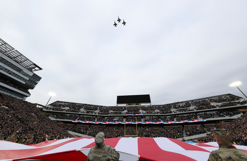 Thee F/A -18 fighters fly over before the Iowa Hawkeyes game against the Northwestern Wildcats Saturday, November 10, 2018 at Kinnick Stadium. (Brian Ray/hawkeyesports.com)