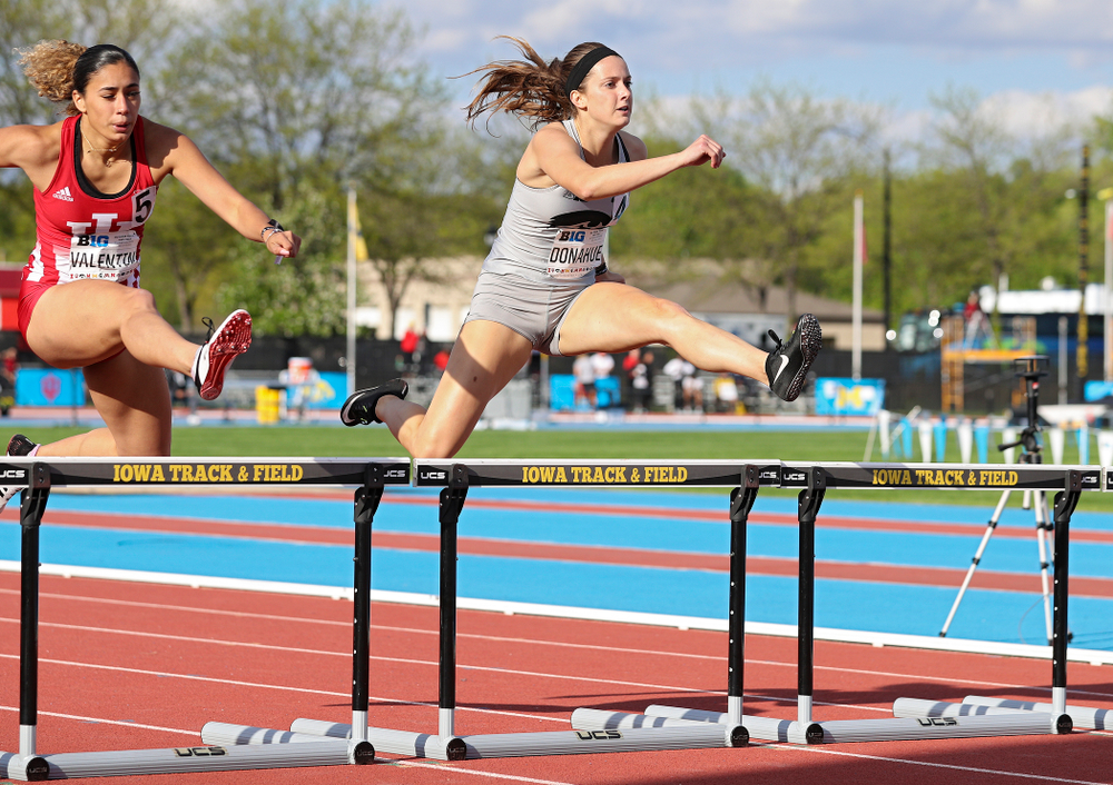 Iowa's Carly Donahue runs the women’s 400 meter hurdles event on the first day of the Big Ten Outdoor Track and Field Championships at Francis X. Cretzmeyer Track in Iowa City on Friday, May. 10, 2019. (Stephen Mally/hawkeyesports.com)
