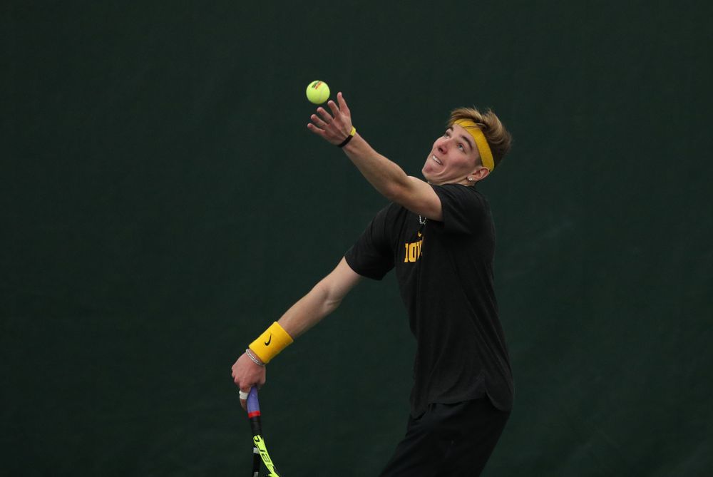 Iowa's Nikita Snezhko against UMKC Friday, February 15, 2019 at the Hawkeye Tennis and Recreation Complex. (Brian Ray/hawkeyesports.com)