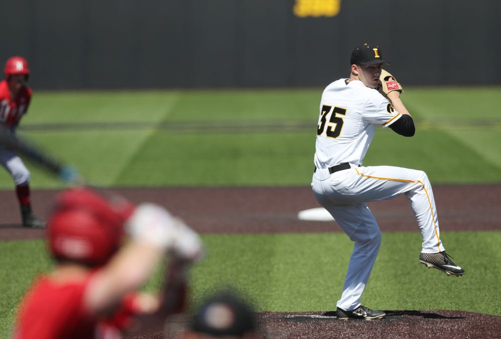 Iowa Hawkeyes Cam Baumann (35) against the Nebraska Cornhuskers Saturday, April 20, 2019 at Duane Banks Field. (Brian Ray/hawkeyesports.com)