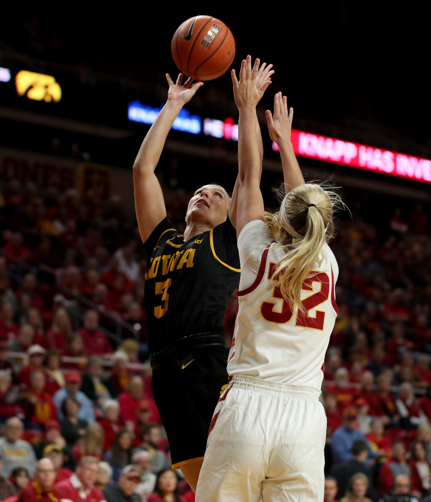 Iowa Hawkeyes guard Makenzie Meyer (3) against the Iowa State Cyclones Wednesday, December 11, 2019 at Hilton Coliseum in Ames, Iowa(Brian Ray/hawkeyesports.com)