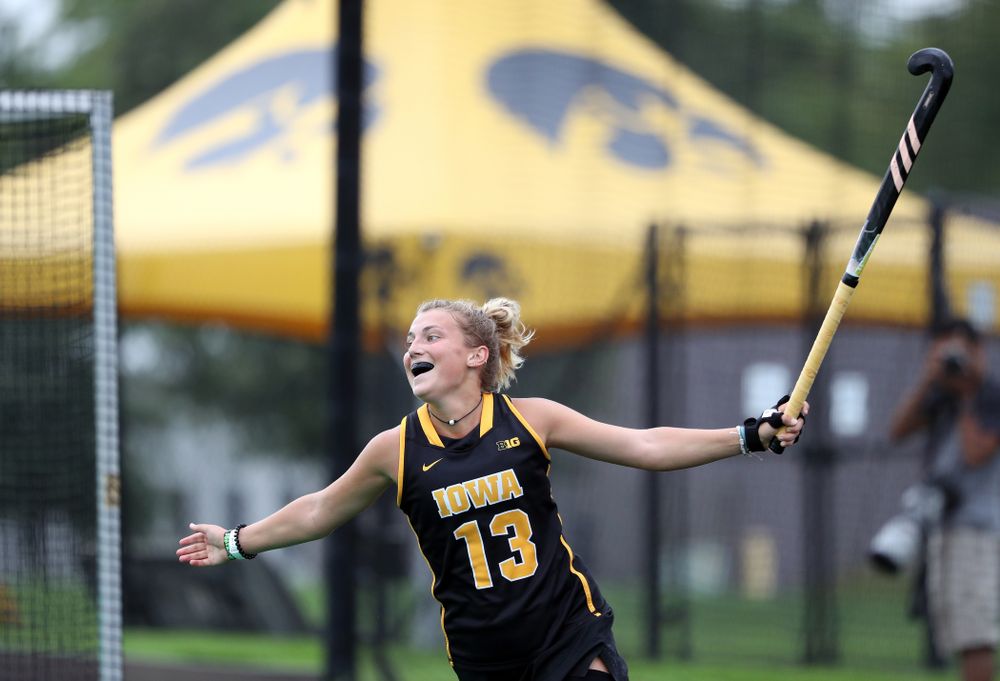 Iowa Hawkeyes forward Leah Zellner (13) celebrates after scoring her second goal during a 2-1 victory against the Ohio State Buckeyes Friday, September 27, 2019 at Grant Field. (Brian Ray/hawkeyesports.com)