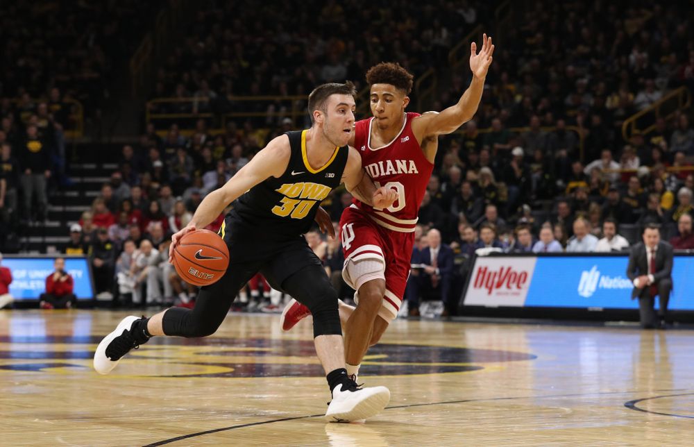 Iowa Hawkeyes guard Connor McCaffery (30) against the Indiana Hoosiers Friday, February 22, 2019 at Carver-Hawkeye Arena. (Brian Ray/hawkeyesports.com)