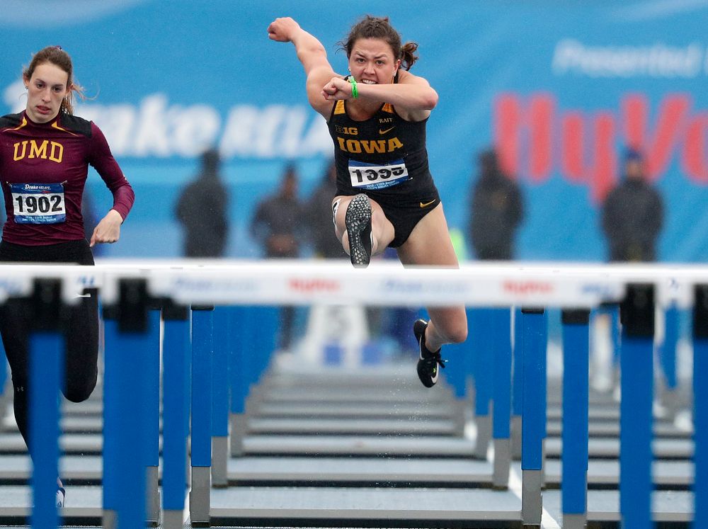 Iowa's Jenny Kimbro runs the women's 100 meter hurdles event during the third day of the Drake Relays at Drake Stadium in Des Moines on Saturday, Apr. 27, 2019. (Stephen Mally/hawkeyesports.com)