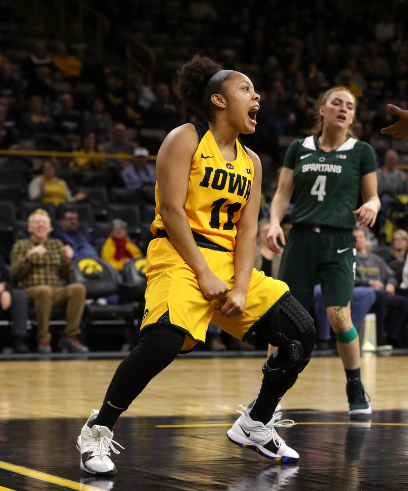 Iowa Hawkeyes guard Tania Davis (11) against the Michigan State Spartans Thursday, February 7, 2019 at Carver-Hawkeye Arena. (Brian Ray/hawkeyesports.com)