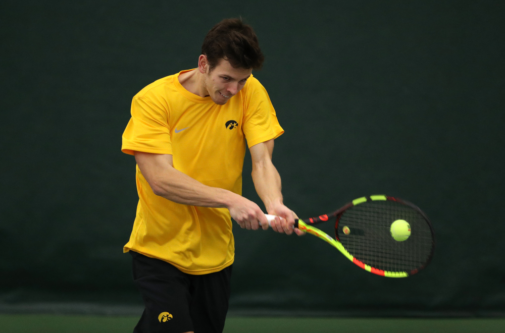 Piotr Smietana against the Butler Bulldogs Sunday, January 27, 2019 at the Hawkeye Tennis and Recreation Complex. (Brian Ray/hawkeyesports.com)
