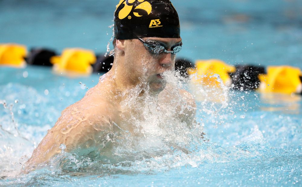 Iowa's Caleb Babb swims the breaststroke leg of the 200 yard medley relay during a double dual against Wisconsin and Northwestern Saturday, January 19, 2019 at the Campus Recreation and Wellness Center. (Brian Ray/hawkeyesports.com)