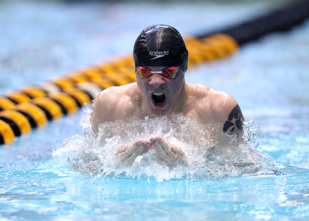 Iowa's Tanner Nelson competes in the 100-yard breaststroke on the third day at the 2019 Big Ten Swimming and Diving Championships Thursday, February 28, 2019 at the Campus Wellness and Recreation Center. (Brian Ray/hawkeyesports.com)