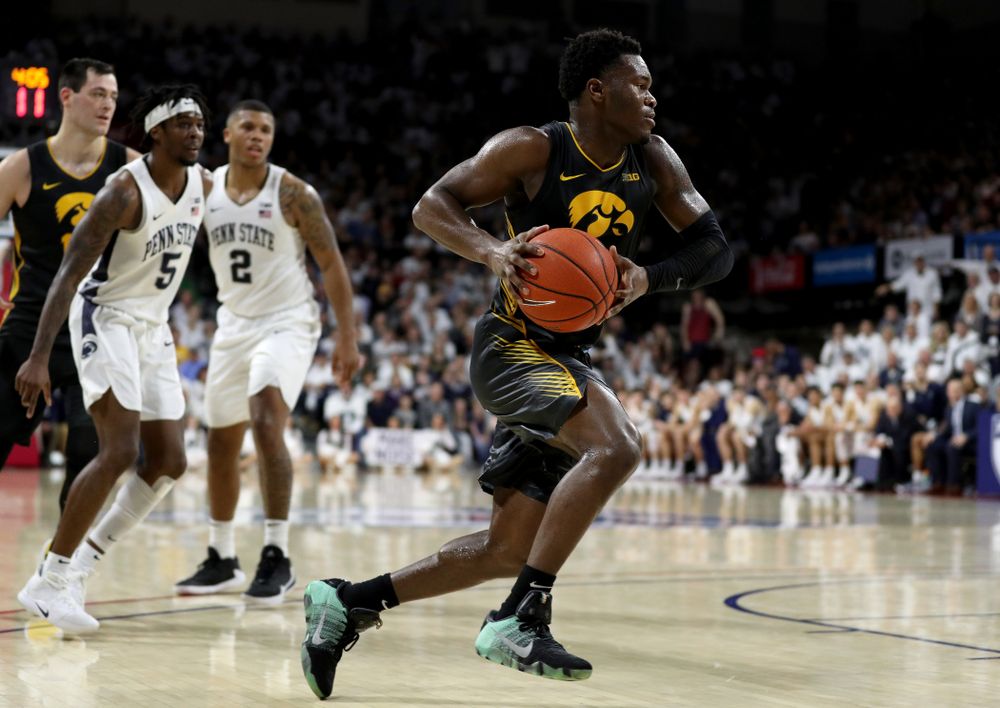 Iowa Hawkeyes guard Joe Toussaint (1) against Penn State Saturday, January 4, 2020 at the Palestra in Philadelphia. (Brian Ray/hawkeyesports.com)