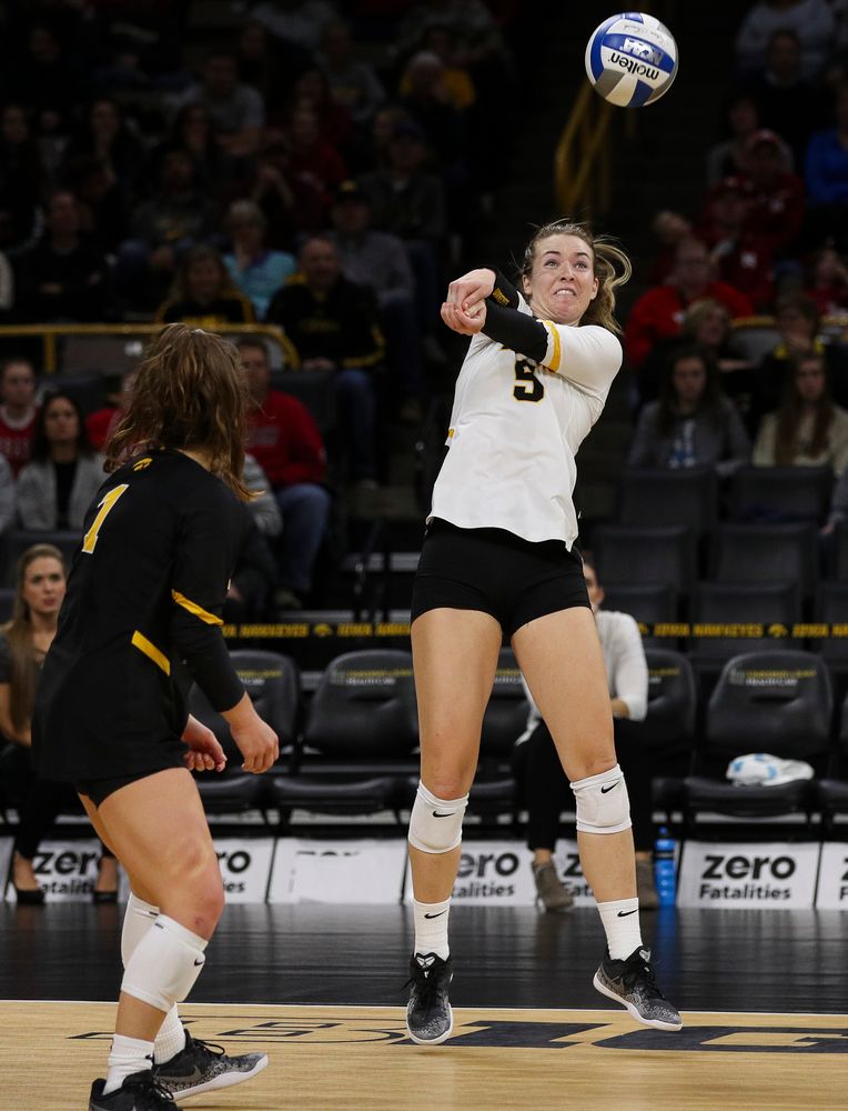 Iowa Hawkeyes outside hitter Meghan Buzzerio (5) bumps the ball during a match against Nebraska at Carver-Hawkeye Arena on November 7, 2018. (Tork Mason/hawkeyesports.com)