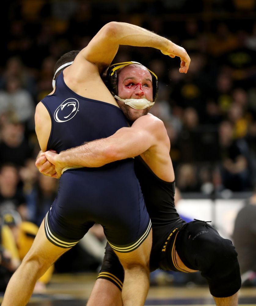 Iowa’s Alex Marinelli wrestles Penn State’s Vincenzo Joseph at 165 pounds Friday, January 31, 2020 at Carver-Hawkeye Arena. (Brian Ray/hawkeyesports.com)