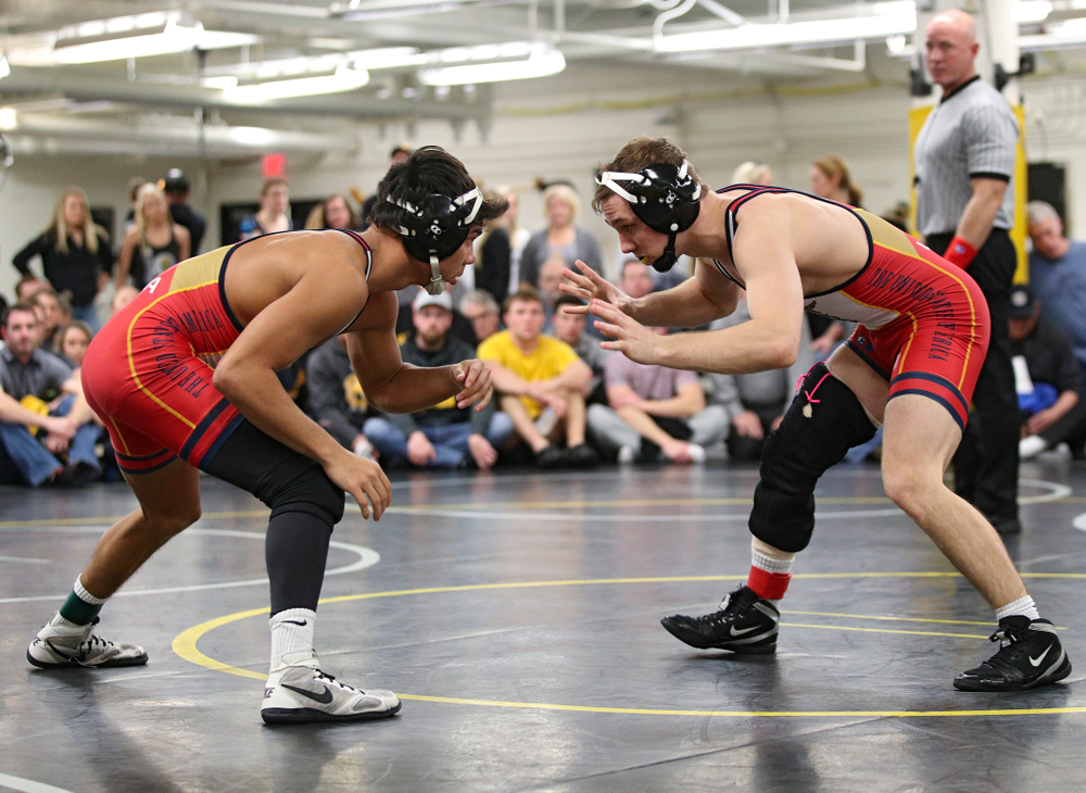 Iowa’s Aaron Cashman (from left) and Spencer Lee during their preseason match at the Dan Gable Wrestling Complex at Carver-Hawkeye Arena in Iowa City on Thursday, Nov 7, 2019. (Stephen Mally/hawkeyesports.com)