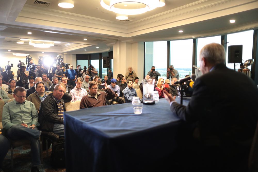 Iowa Hawkeyes head coach Kirk Ferentz answers questions during a press conference leading up to the Holiday Bowl Thursday, December 26, 2019 in San Diego. (Brian Ray/hawkeyesports.com)
