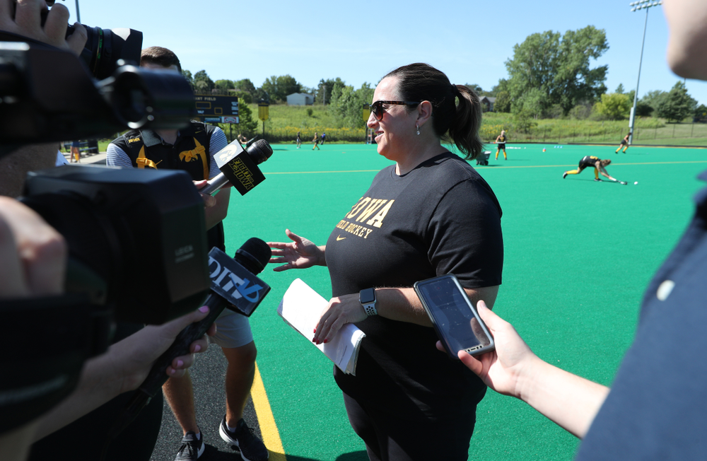 Iowa Hawkeyes head coach Lisa Cellucci during the teamÕs annual media day Friday, August 23, 2019 at Grant Field. (Brian Ray/hawkeyesports.com)