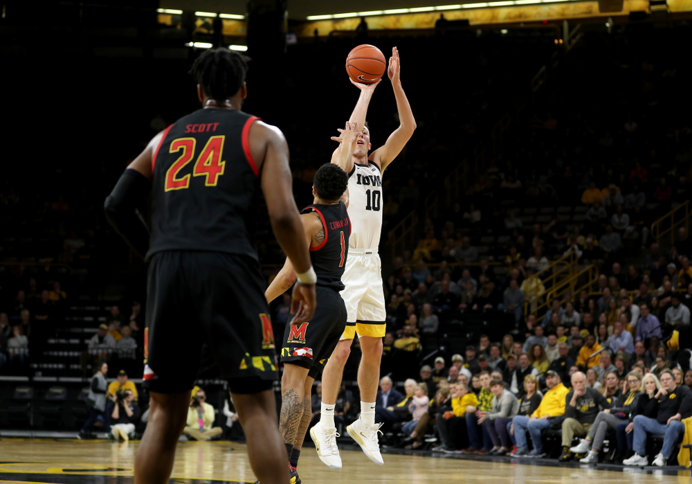 Iowa Hawkeyes guard Joe Wieskamp (10) knocks down a three point basket against the Maryland Terrapins Friday, January 10, 2020 at Carver-Hawkeye Arena. (Brian Ray/hawkeyesports.com)