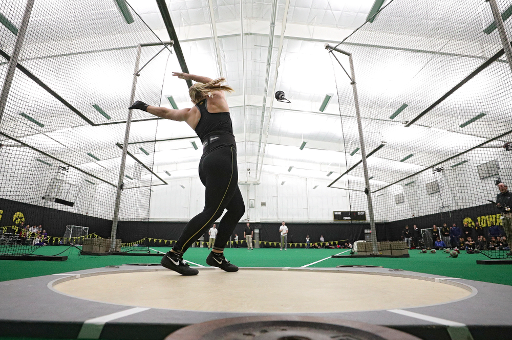 Iowa’s Allison Wahrman throws in the women’s weight throw event during the Hawkeye Invitational at the Hawkeye Tennis and Recreation Complex in Iowa City on Friday, January 10, 2020. (Stephen Mally/hawkeyesports.com)