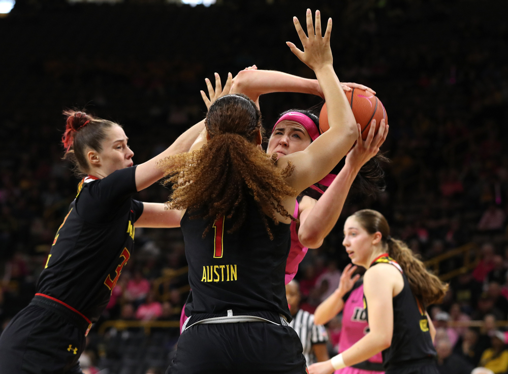 Iowa Hawkeyes forward Megan Gustafson (10) against the seventh ranked Maryland Terrapins Sunday, February 17, 2019 at Carver-Hawkeye Arena. (Brian Ray/hawkeyesports.com)