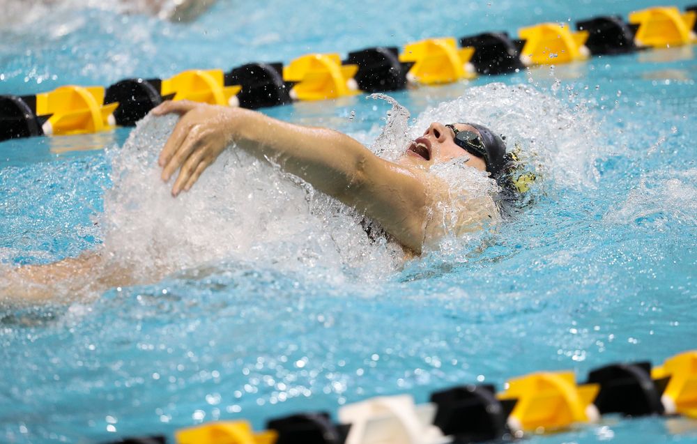 Iowa's Hannah Burvill competes in the 200-yard backstroke during a meet against Michigan and Denver at the Campus Recreation and Wellness Center on November 3, 2018. (Tork Mason/hawkeyesports.com)