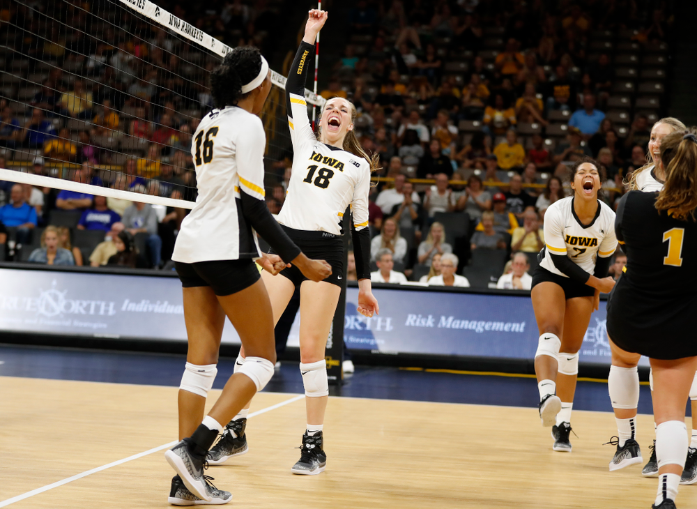 Iowa Hawkeyes middle blocker Hannah Clayton (18) against Eastern Illinois Sunday, September 9, 2018 at Carver-Hawkeye Arena. (Brian Ray/hawkeyesports.com)