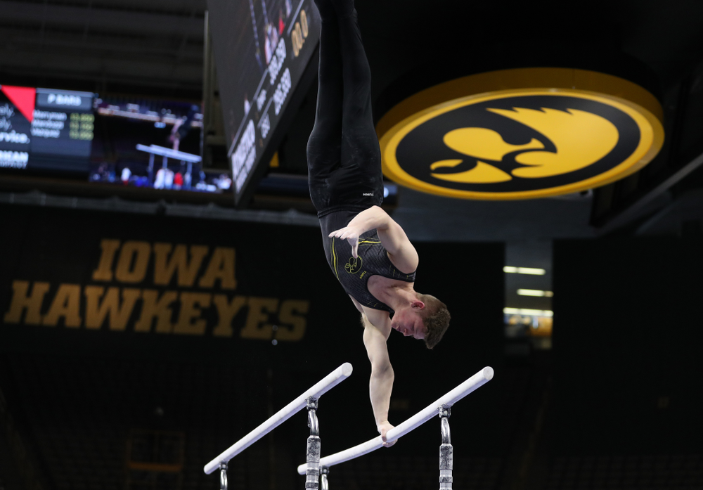 Iowa's Stewart Brown competes on the parallel bars against the Ohio State Buckeyes Saturday, March 16, 2019 at Carver-Hawkeye Arena. (Brian Ray/hawkeyesports.com)