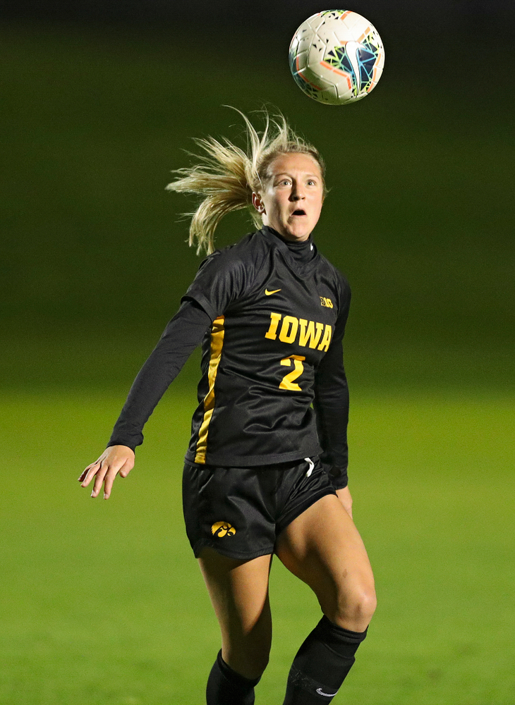 Iowa midfielder Hailey Rydberg (2) eyes the ball during the second half of their match at the Iowa Soccer Complex in Iowa City on Friday, Oct 11, 2019. (Stephen Mally/hawkeyesports.com)