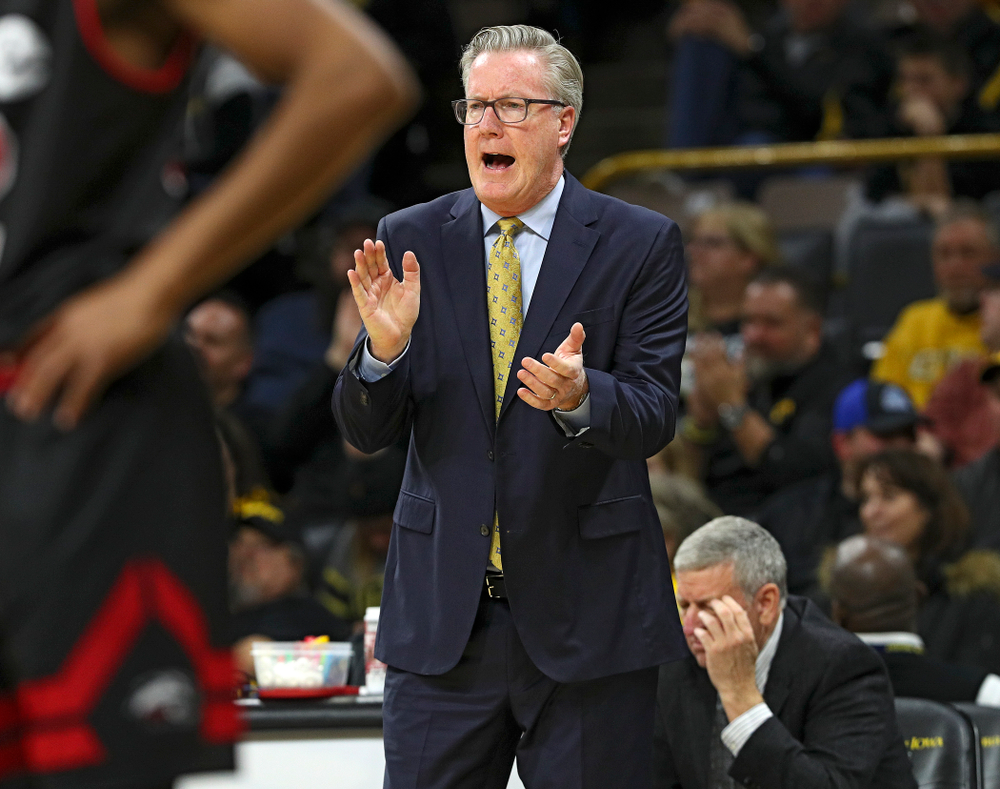 Iowa Hawkeyes head coach Fran McCaffery claps for his team during the second half of their game at Carver-Hawkeye Arena in Iowa City on Friday, Nov 8, 2019. (Stephen Mally/hawkeyesports.com)